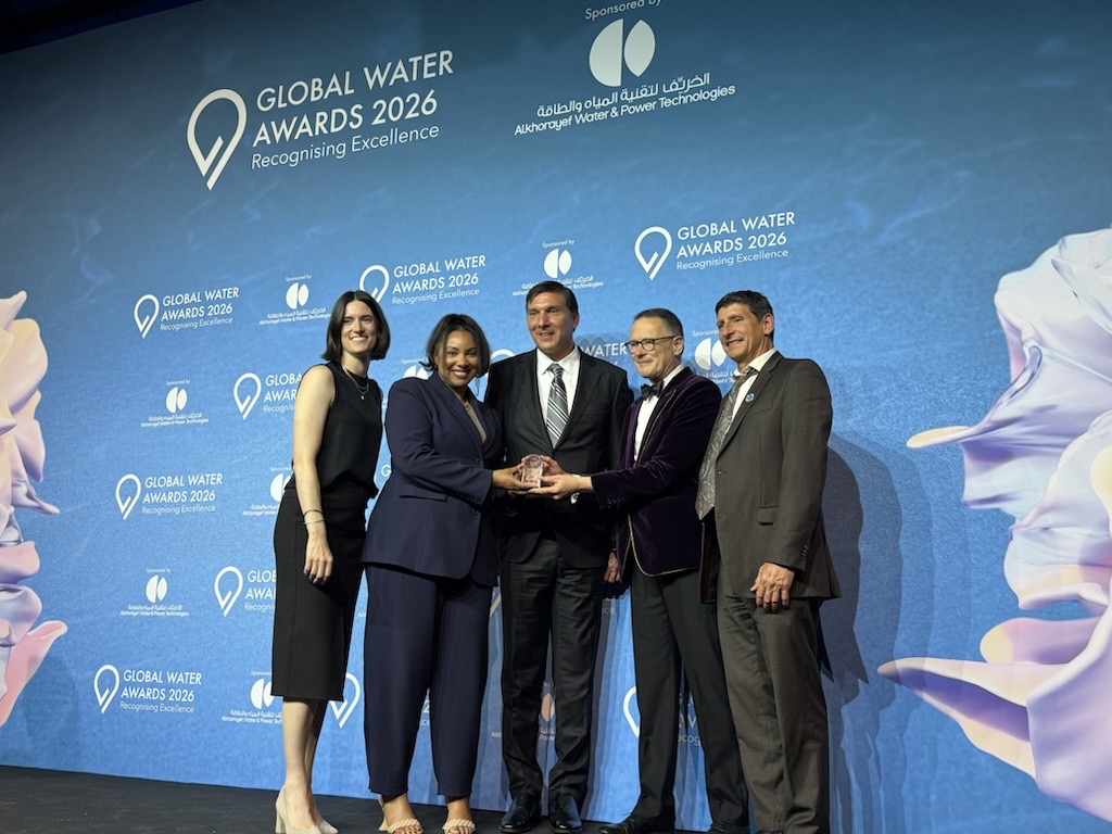 Five people on stage holding the award at the 2026 Global Water Awards